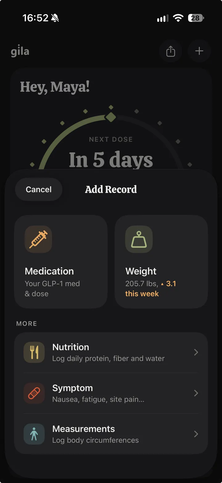 Gila in dark mode adding a record