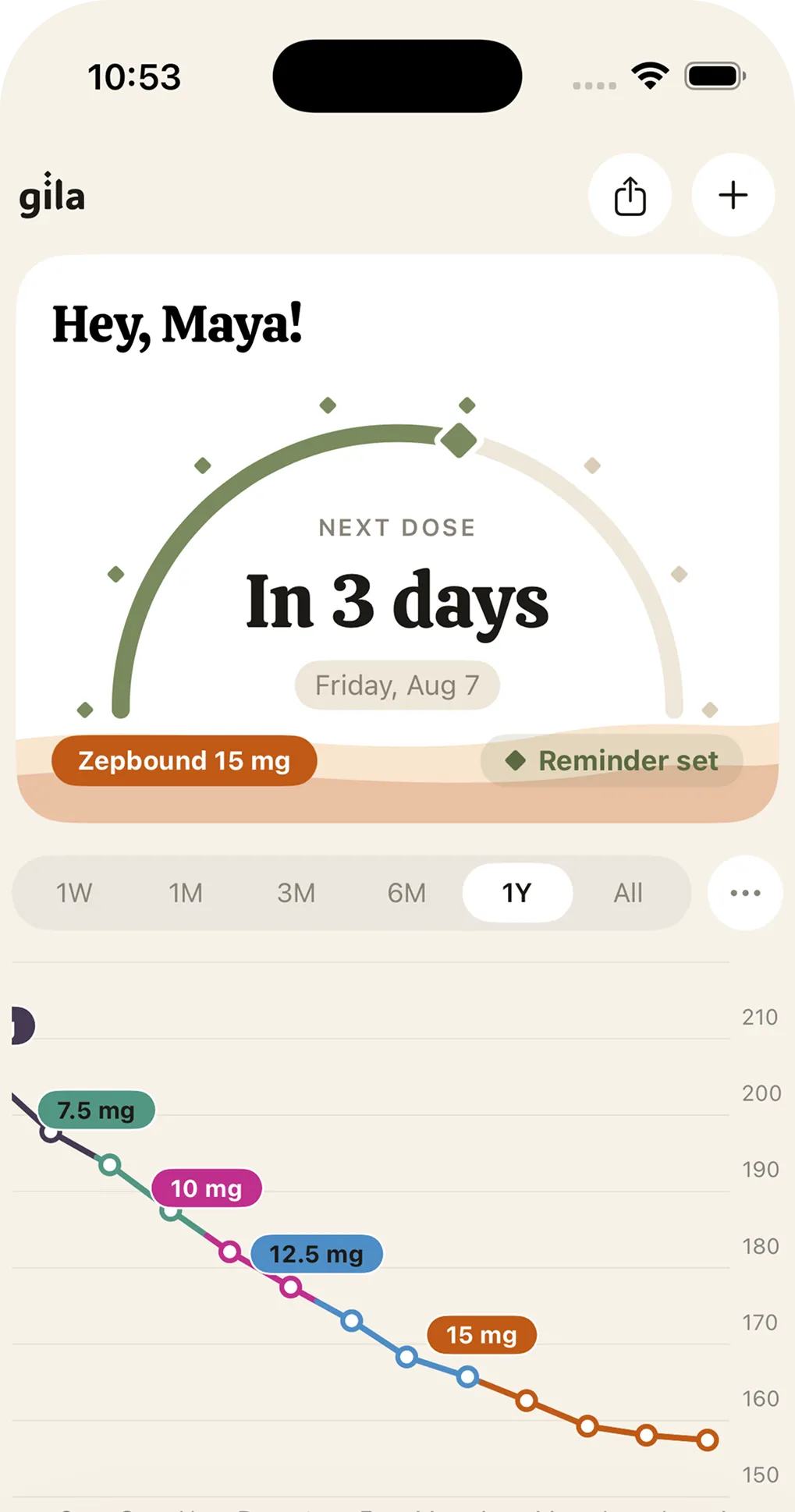 Gila home screen: next dose in 3 days, weight chart with dose changes