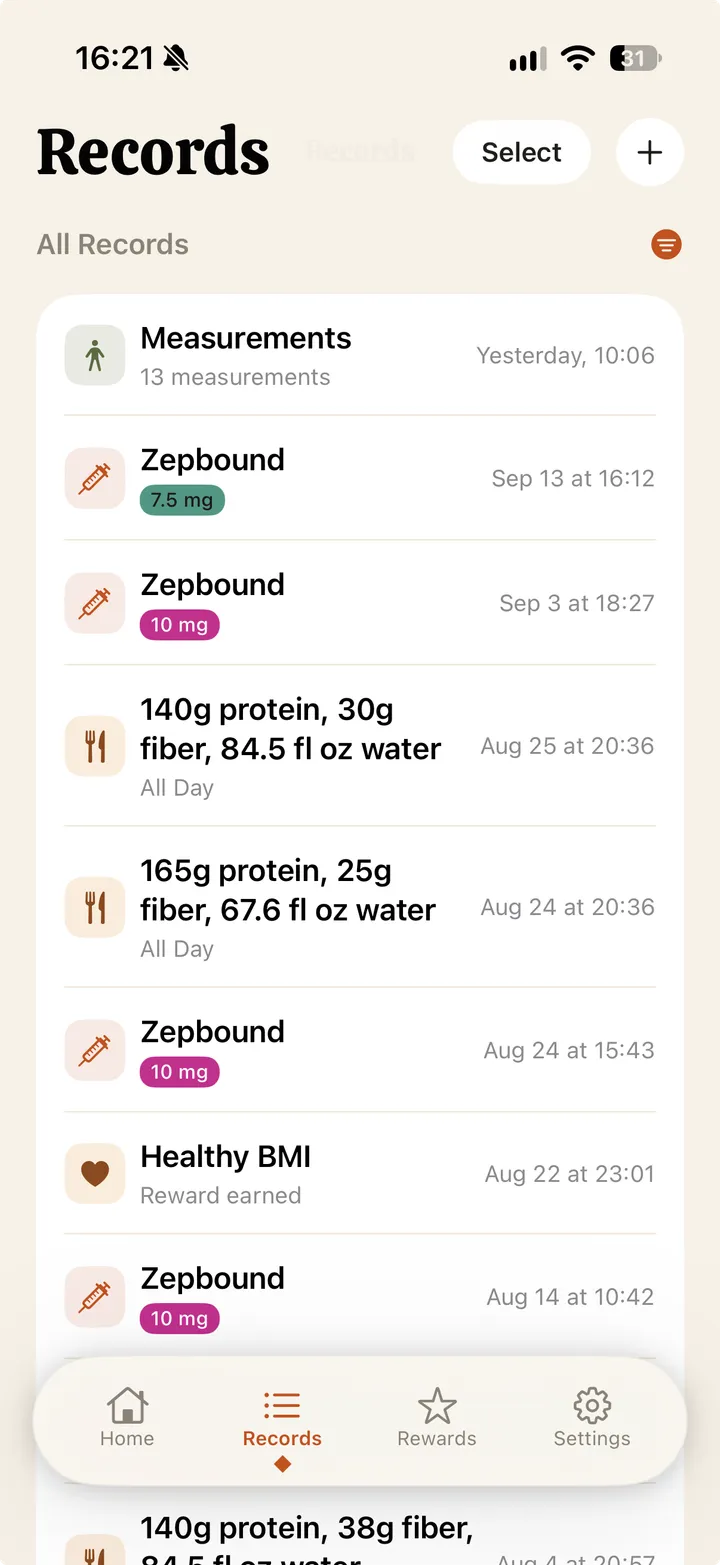 Records list with weight entries and color-coded Zepbound doses