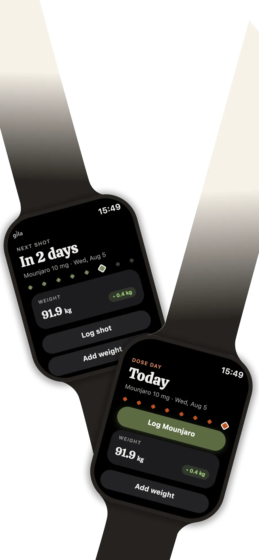 Two Apple Watches: one counting down to the next shot in 2 days, one on dose day with a Log Mounjaro button